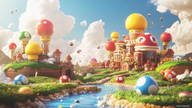 A vibrant Mushroom Kingdom setting with Goombas and Koopas, perfect for Mario Bros Desktop Wallpaper.