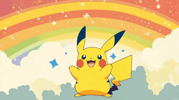 A vibrant Pikachu Desktop Wallpaper 4K with Pikachu smiling beneath a rainbow after a storm.