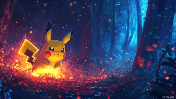 A vibrant Pikachu Wallpaper where Pikachu uses Thunderbolt in a glowing forest at dusk.