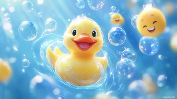 A vibrant Rubber Duck wallpaper with a duck surrounded by floating soap bubbles and smiling faces.