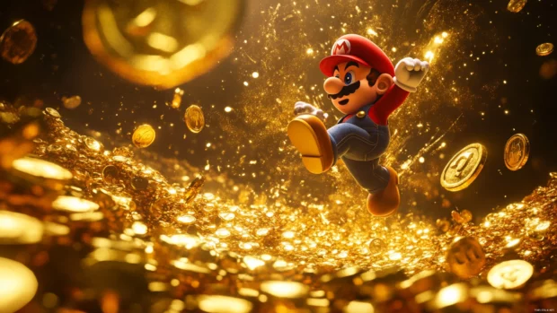 A vibrant Super Mario 4K Wallpaper showing Mario jumping through gold coins in ultra HD.