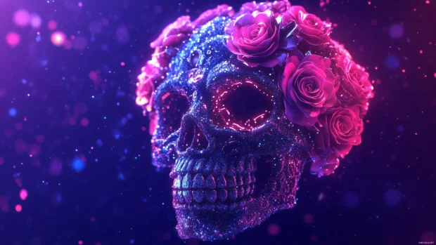 A vibrant and colorful sugar skull adorned with roses, glittering against a dark purple background, in the style of a fantasy illustration.