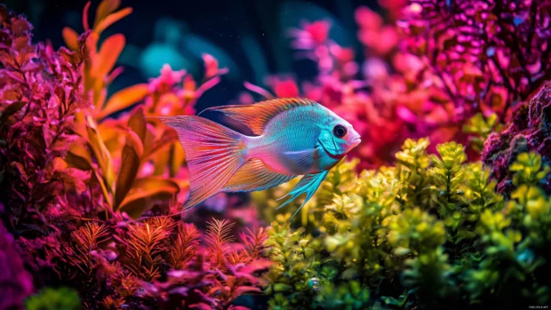 A vibrant angelfish gliding through a colorful coral reef, its elegant fins flowing amidst bright underwater flora.