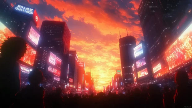 A vibrant anime cityscape with towering skyscrapers and bustling crowds, with a sunset sky over Tokyo, anime style.