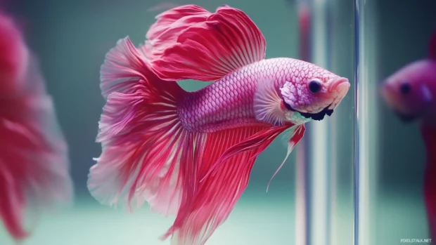 A vibrant betta fish with flowing colorful fins swim.