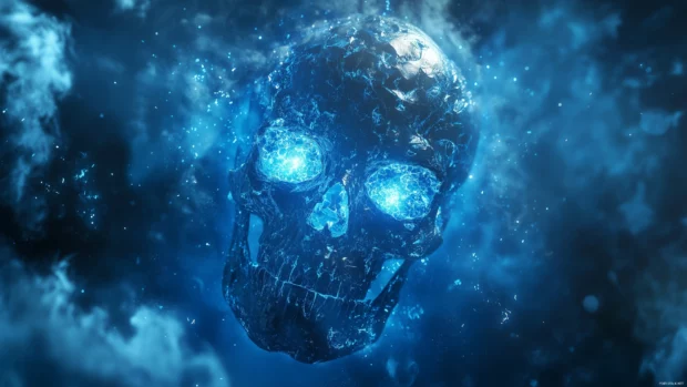 A vibrant blue skull with glowing eyes, surrounded by mist and abstract blue smoke, set against a dark background.