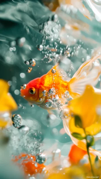 A vibrant close up of a goldfish with flowing, delicate fins, gliding through clear water with soft bubbles and aquatic plants in the background.