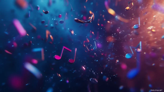 A vibrant close up of colorful, glowing music notes floating through a dark background, creating a dynamic sense of motion and energy.