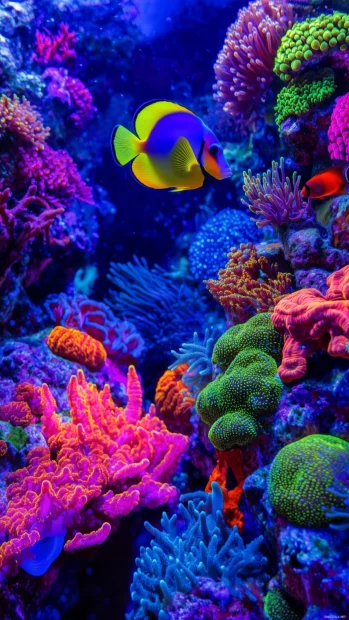 A vibrant, close up shot of a tropical angelfish swimming gracefully, surrounded by colorful coral and underwater plants.