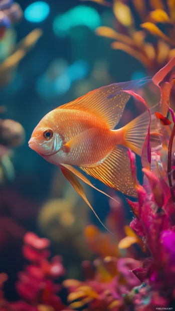 A vibrant, close up shot of a tropical angelfish swimming gracefully, surrounded by colorful coral and underwater plants.