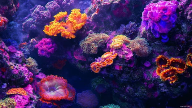 A vibrant coral reef teeming with marine life, great for Windows 10 desktop wallpaper.