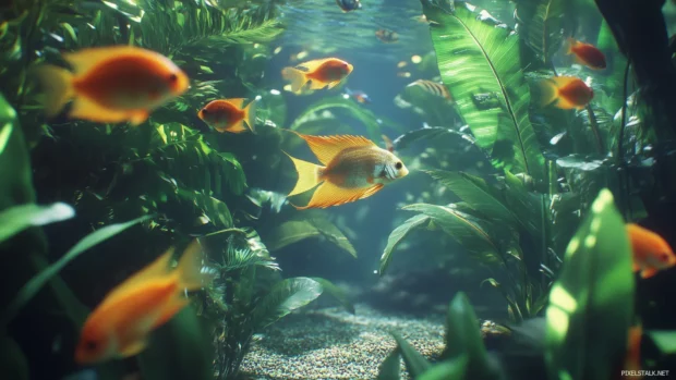 A vibrant fish tank with colorful tropical fish, lush green plants, and a detailed gravel bed, illuminated by soft blue lighting.