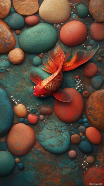 A vibrant goldfish with flowing fins swimming in a small decorative glass bowl, surrounded by colorful stones, with soft bubbles rising from the water, tranquil and minimalist style.