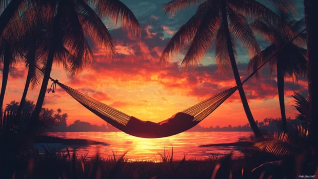 A vibrant hammock scene tied between palm trees, ideal for summer PC wallpaper displays.