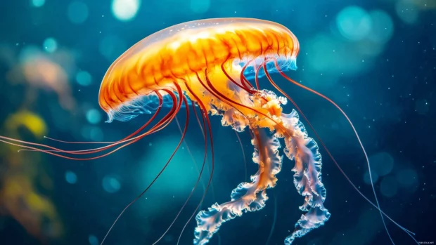 A vibrant jellyfish with bioluminescent colors drifting in an oceanic environment, its tentacles trailing in the water with soft lighting.