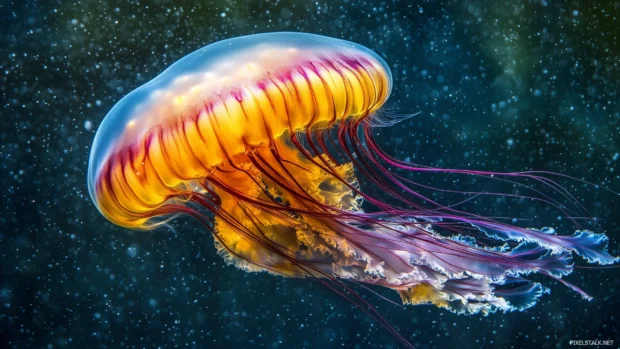 A vibrant jellyfish with bioluminescent colors drifting in an oceanic environment, its tentacles trailing in the water with soft lighting.
