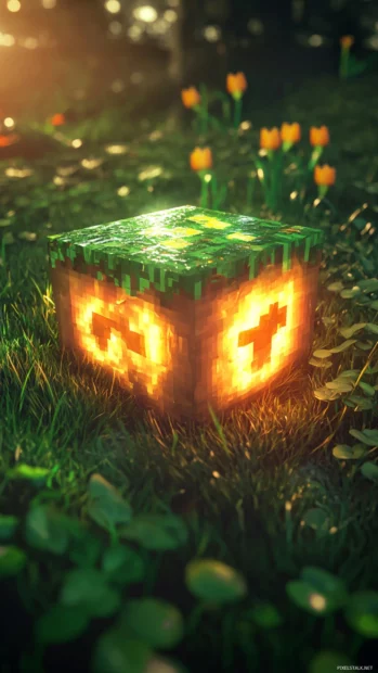A vibrant power up block glowing in a lush green field, a Super Mario moment.