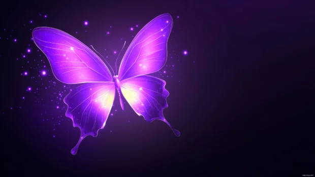 A vibrant purple neon butterfly with glowing wings, floating gracefully against a dark, minimalist background.