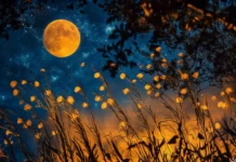 A vibrant recreation of Van Gogh Starry Night with enhanced swirling star formations and glowing moon, set against a vivid dark blue and yellow backdrop.