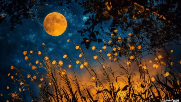 A vibrant recreation of Van Gogh Starry Night with enhanced swirling star formations and glowing moon, set against a vivid dark blue and yellow backdrop.