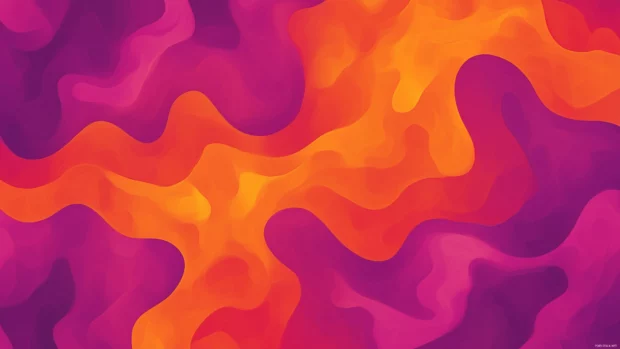 A vibrant retro 70s wallpaper with a sunset gradient in warm oranges and pinks, framed by wavy, fluid lines and organic shapes, Retro style.
