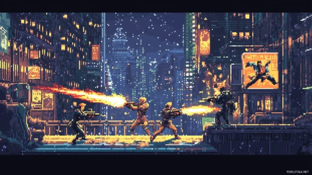 A vibrant retro gaming wallpaper with pixel art characters battling on a neon lit cityscape, framed by a starry night sky.