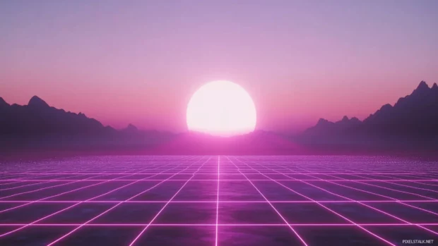 A vibrant retrowave neon grid stretching into a glowing horizon, with a massive pink and purple sun rising above a distant mountain range, Retro style.
