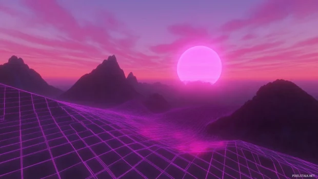 A vibrant retrowave neon grid stretching into a glowing horizon, with a massive pink and purple sun rising above a distant mountain range, Retro style.