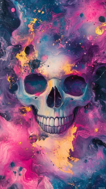A vibrant skull with neon colors, surrounded by abstract smoke and glowing accents, creating a surreal and electrifying vibe.