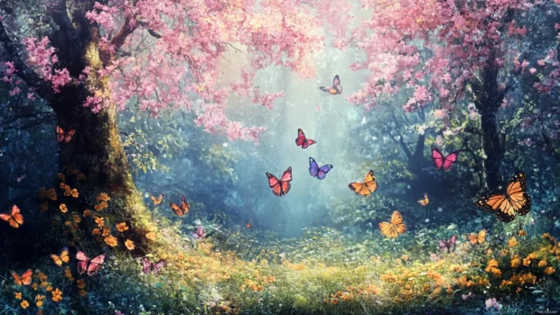 A vibrant springtime forest scene full of blossoms and butterflies.