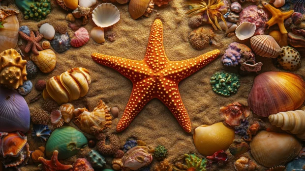 A vibrant starfish resting on a sandy ocean floor, surrounded by colorful seashells and soft coral, with the ocean light filtering down.