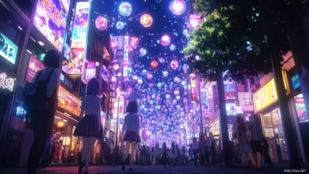 A vibrant street scene in Tokyo at night, glowing with neon lights and anime characters walking, anime style.
