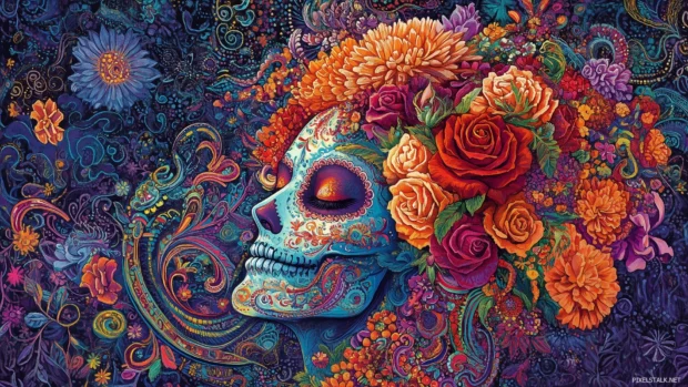 A vibrant sugar skull adorned with roses and marigolds, detailed with swirling paisley and traditional Mexican patterns.
