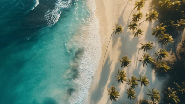 A vibrant tropical beach scene with turquoise waters, palm trees swaying in the breeze, and soft white sand.