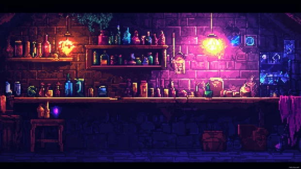 A vibrant wallpaper of a pixelated dungeon crawler game scene, with glowing potions, pixel art treasures, and a retro UI overlay, Retro style.