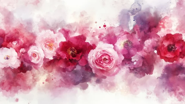 A vibrant watercolor composition of blooming peonies and roses, with rich pinks and reds merging into soft washes of color.