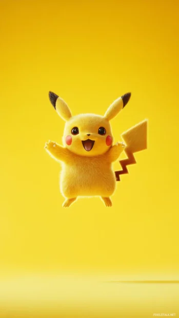 A vibrant yellow background frames Pikachu jumping happily in this simple Pikachu iPhone Wallpapers.