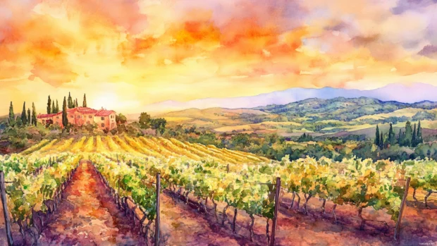 A vineyard bathed in the warm light of a watercolor sunset.