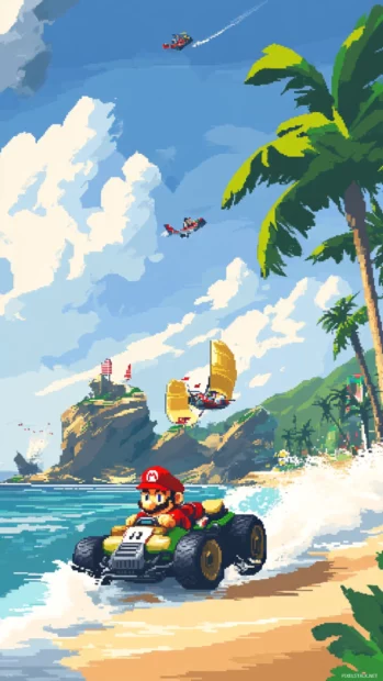 A vintage Nintendo phone background, depicting an old school Mario kart race in Koopa Beach with pixel art.