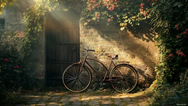 A vintage bicycle rests against a sunlit garden wall overgrown with ivy and blooms.