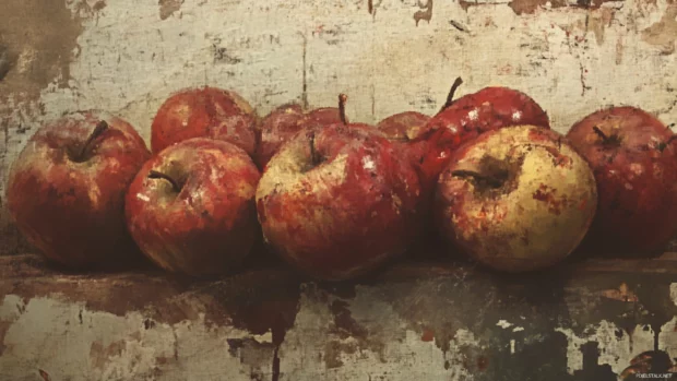 A vintage painting style depicting decayed apples.