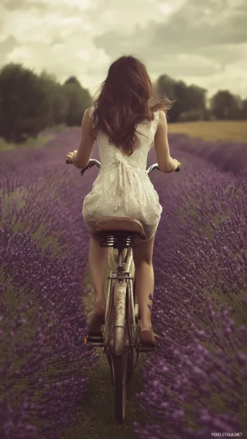 A vintage style girl riding an old bicycle through a field of lavender, nostalgic atmosphere.