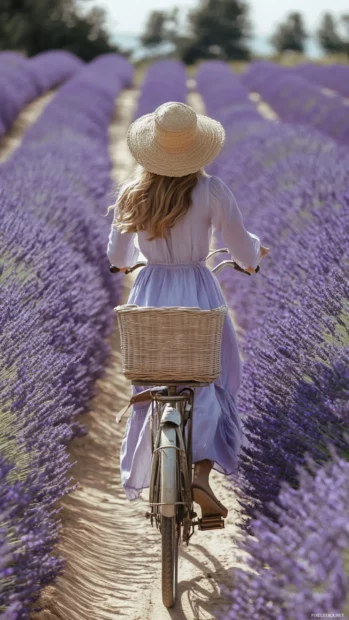 A vintage style girl riding an old bicycle through a field of lavender, nostalgic atmosphere.