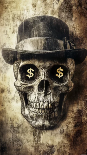 A vintage style skull with a tilted fedora, dollar signs in its eyes, and a gritty, textured background.