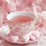A vintage tea set surrounded by hearts in pink wallpapers for girls aesthetic style.