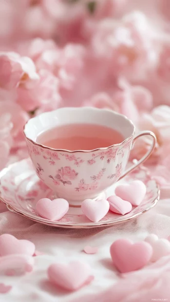 A vintage tea set surrounded by hearts in pink wallpapers for girls aesthetic style.