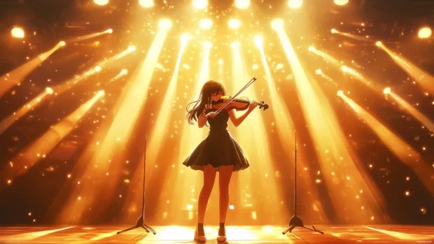 A violinist anime girl standing on stage under golden spotlights.
