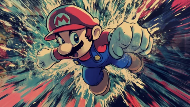 A vivid cartoon Mario Wallpaper showing Mario using the Super Star power up in action.