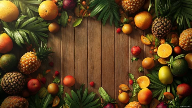 A vivid collection of tropical fruits scattered across a wooden deck, tailored for summer desktop wallpaper lovers.
