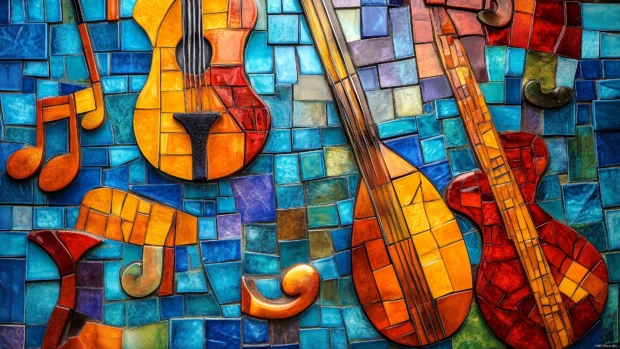 A vivid tile design, mixed music symbols, instruments, colorful mosaic style.